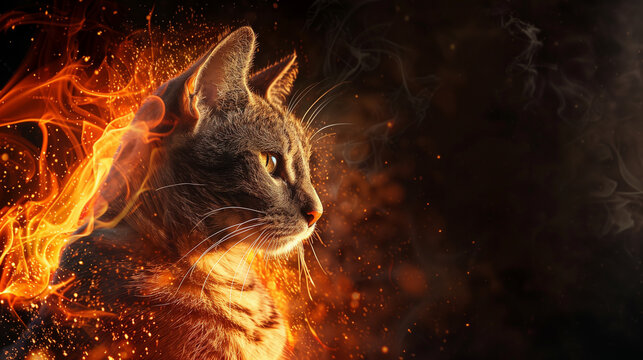 cat head with  fire isolated on dark background copy space for text