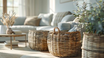 Handcrafted Charm of Natural Wicker Baskets Enhancing a Light-Filled Living Space - obrazy, fototapety, plakaty
