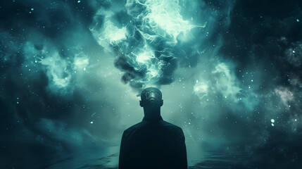 Naklejka premium Double exposure of man with galaxy space inside head , mind power concept