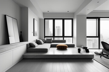 Naklejka na ściany i meble Monochrome minimalist living room with understated sofa, black and grey tones, enhanced by dusk light in a New York loft