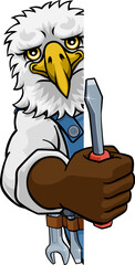 An eagle electrician, handyman or mechanic holding a screwdriver and peeking round a sign