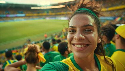 Selfie of spectator in the stadium celebrating with his team and the green and yellow colors. Brazil fans.  Woman