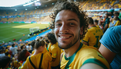 Selfie of spectator in the stadium celebrating with his team and the green and yellow colors. Brazil fans.  Man