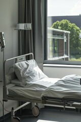 A clean and organized hospital room with a bed and essential medical equipment, ensuring patient care.