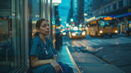 Female nurse in scrubs sitting on a window sill