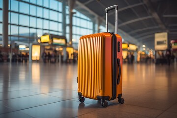 Orange suitcase in the airport terminal. Travel, tourism and journey concept