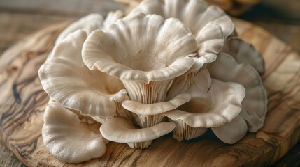 Cluster of fresh oyster mushrooms Pleurotus ostreatus arranged on a wooden cutting board - obrazy, fototapety, plakaty