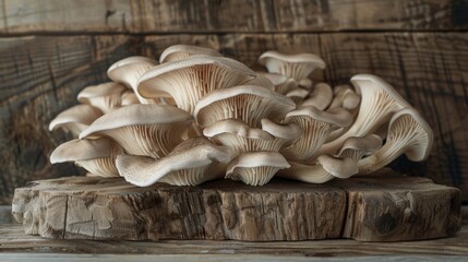 Fresh oyster mushrooms arranged on a wooden cutting board