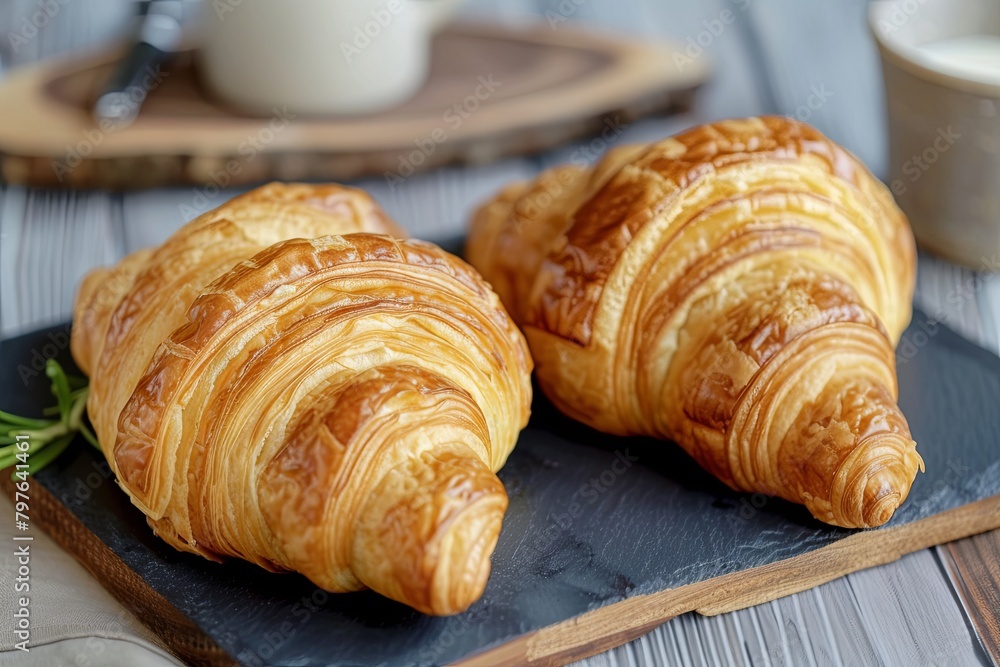 Wall mural golden dough breakfast: two fresh croissants on rustic dark slate board