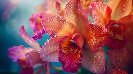 Closeup of a bouquet of orchid flowers with water droplets on petals