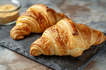 Rustic Slate Board with Two Fresh Croissants: Homemade Bakery Brunch Delight