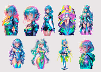 Decal, sticker, anime girl with long hair. Isolated on white background.