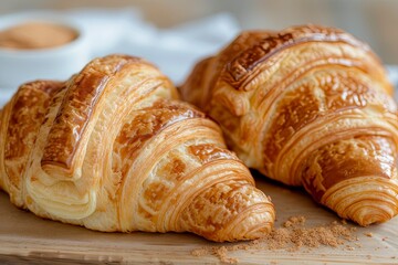 Golden Bakery Delights: Two Gourmet Croissants in a Warm, Inviting Breakfast Setting