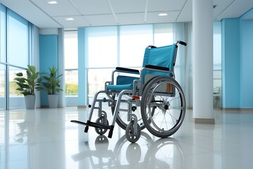 Fototapeta na wymiar Empty wheelchair in hospital corridor. 3d rendering. Medical background.
