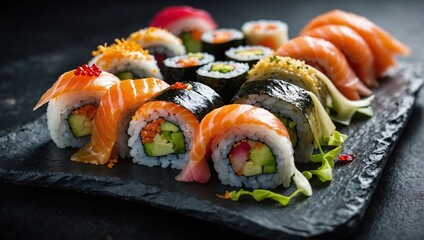 A plate of gourmet sushi rolls arranged artfully