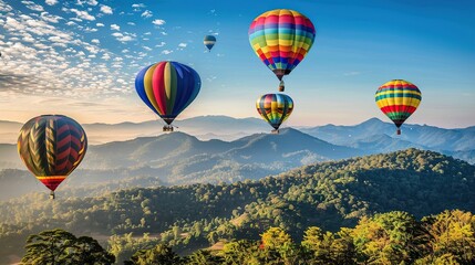 There are six hot air balloons in the sky above a mountain range. The balloons are mostly red, yellow, green, and blue. The sky is blue and there are some white clouds. The mountains are green and the