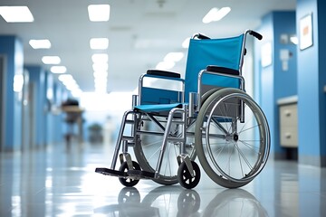 Empty wheelchair in hospital corridor. 3d rendering. Medical background.
