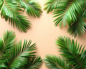 Fototapeta na wymiar Green palm leaves on a beige background