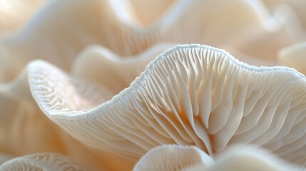 Detailed shot of a white mushroom with focus on its gills, positioned on a table with shallow depth of field