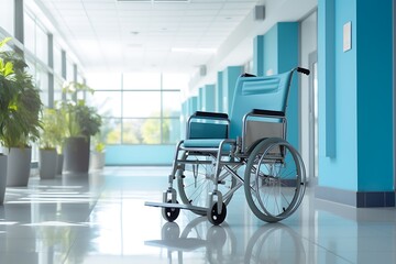 Empty wheelchair in hospital corridor. 3d rendering. Medical background.