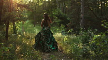 A forest nymph a dryad in a luxurious emerald dress 
