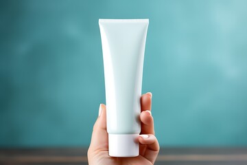 Female hand holding tube of cream on color wooden background, closeup