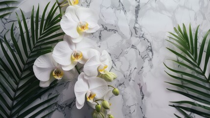 White orchids and palm leaves are artfully displayed on a marble wall in this elegant arrangement