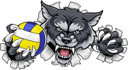 A wolf or werewolf dog volleyball animal sports mascot holding a volley ball in his claw