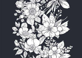 Boutonniere of wild rose flowers and berries Seamless pattern, background. Black and white graphics. Vector illustration. In botanical style - 797642825