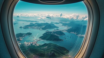 Aerial view of the ocean seen through an airplane window