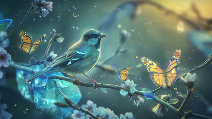 A blue bird is sitting on a branch. The bird and the branch are covered in blue flowers. There are also blue butterflies around the bird.

