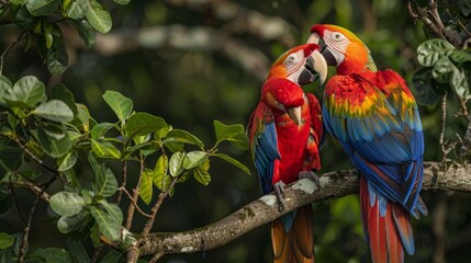 A pair of Scarlet Macaws are playfully interacting on a tree branch. The vibrant birds are showcasing their colorful feathers and lively behavior