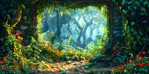 A beautiful secret fairytale garden with flower arches and beautiful tropical forest with colorful vegetation
