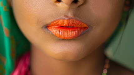Close-up of a womans lips with vibrant orange lipstick. The focus is on the lips forming words in the Uqga language for International Mother Language Day