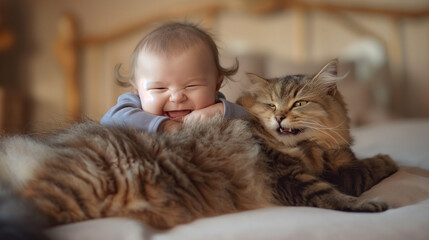 A baby is lying on a large cat. The baby is smiling and the cat has a grumpy expression on its face.

