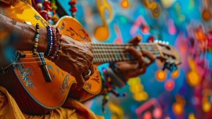 A closeup of a musicians hands strumming a guitar in front of a vibrant, colorful background