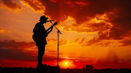 A man stands atop a hill, singing into a microphone, likely performing during World Music Day - obrazy, fototapety, plakaty