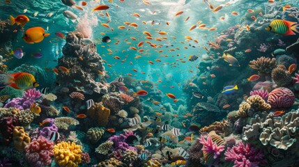 A large group of fish with vibrant colors swimming over a lively coral reef in the ocean
