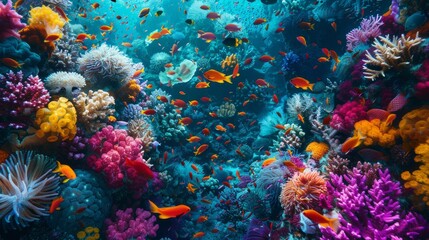 Fototapeta na wymiar Colorful fish swim among vibrant coral in a bustling underwater ecosystem
