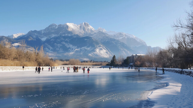A frozen lake with many people ice skating on it. There are snow-covered trees and mountains in the background.

