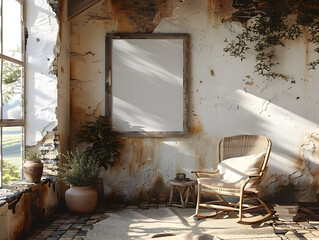 Pastoral Tranquility: Blank Frame Enhances Sun-Drenched Farmhouse Porch Views