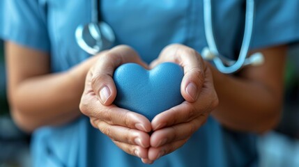 Doctor Holding Blue Heart in Hands. Generative AI - obrazy, fototapety, plakaty