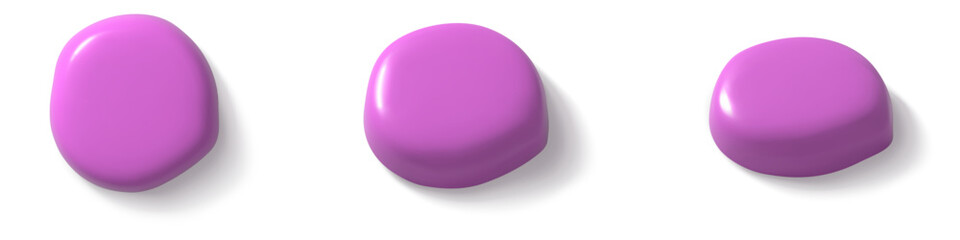 Set 3d render abstract liguid shape. Purple, lilac paint splash with shadow on a white background. Realistic isolated vector illustration for card, party, design, flyer, web, advertising