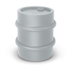 Silver round metal oil drum, barrel, 3D rendering. Vector illustration isolated on white background. Steel keg, aluminum cask, tin canister, petroleum storage packaging, fuel container, gasoline tank