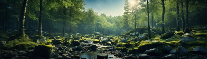 A beautiful and serene landscape image of a lush green forest with a crystal clear river running through it. The sun is shining brightly and there is a light mist in the air.