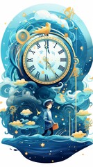 A boy walking through a dreamscape with a large clock in the background.