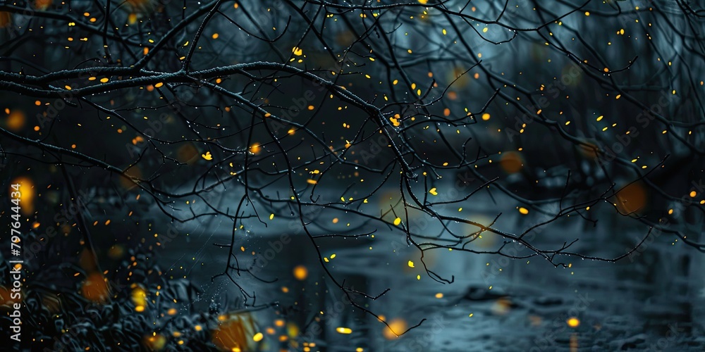 Poster ethereal bokeh effect enhanced by the presence of fireflies, creating a natural spectacle.