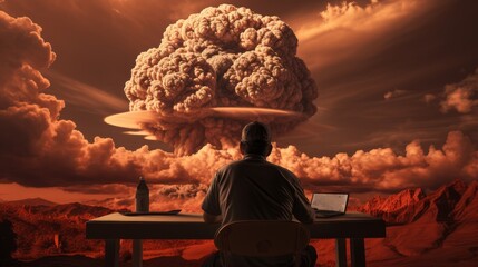 A man sits at a table in the desert watching a nuclear explosion in the distance.
