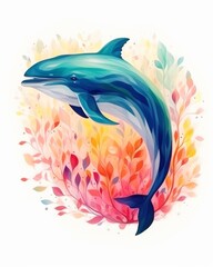 A watercolor painting of a dolphin jumping out of the water with a colorful floral background.