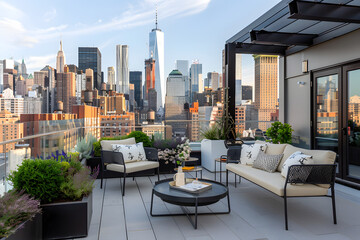A panoramic rooftop terrace with minimalist d&eacute;cor and sweeping city views, perfect for social or business gatherings